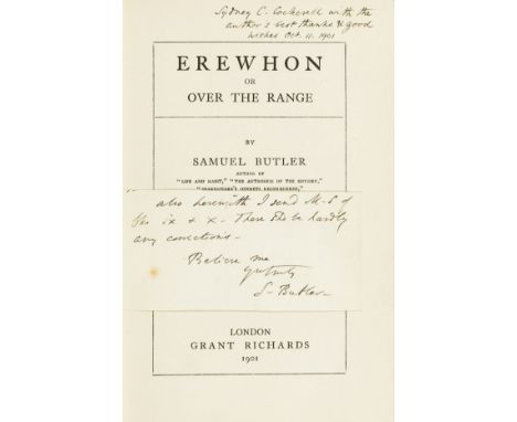 Cockerell (Sydney C.).- Butler (Samuel) Erewhon, inscribed by author to Sydney C. Cockerell with section of A.L.s tipped-in a