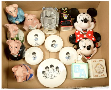 Quantity of ceramic collectables x sixteen, including Wade Natwest pig family of 5 money banks, The Beatles plate and saucers
