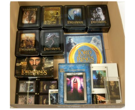 Quantity of opened The Lord of the Rings trading cards including Topps, Action Flipz and Decipher, some within acrylic displa