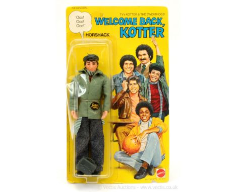 Mattel Welcome Back Kotter Horshack 8" figure, Mint, within Good (dented) bubble, upon Fair Plus (small tear at bottom) un-pu