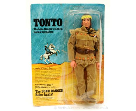 Marx Toys vintage 1975 The Lone Ranger Rides Again! Tonto figure, Good Plus, within Fair to Good resealed packaging.