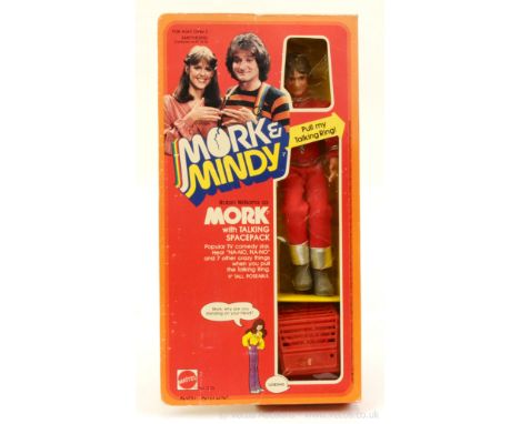 Mattel Mork and Mindy Robin Williams as Mork, with talking space pack, 9" tall, Excellent to Near Mint, within Good window fr