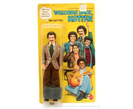 Mattel Welcome Back Kotter Mr. Kotter 8" figure, Mint, within Near Mint bubble, upon Fair (tear at top) un-punched card.