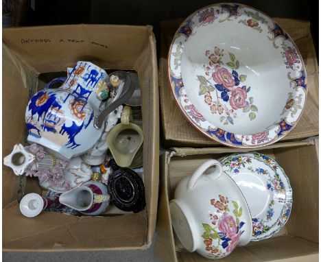 Three boxes of Victorian and later china, including a floral encrusted candlestick, jug, bowl, etc. **PLEASE NOTE THIS LOT IS