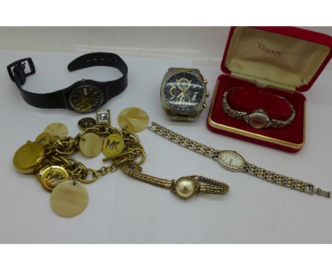 A Pulsar chronograph wristwatch, a Swatch wristwatch, a Michael Kors watch charm bracelet and a cocktail wristwatch 