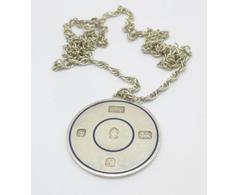 A large silver and enamel medallion pendant and silver chain, total weight 58g 