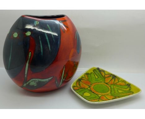 A Poole pottery purse vase, 18cm, and an Agean dish 