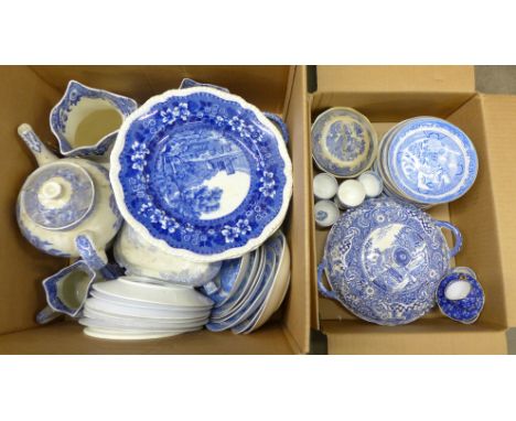 Two boxes of blue and white china, jugs, plates, teapots, etc. including Spode, Abbey and Willow pattern **PLEASE NOTE THIS L