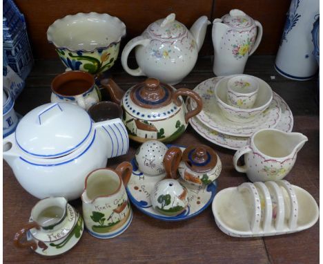 A Susie Cooper Productions Crown Works china bachelors tea set with toast rack, lacking cup and a collection of Devon motto w