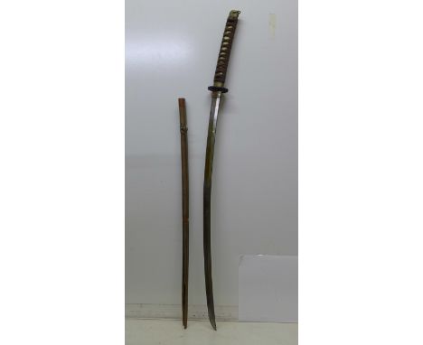 A Samurai sword with wooden scabbard, blade bent, blade 75cm 