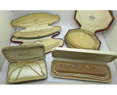 Five pearl necklaces including four Lotus, all boxed 