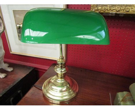 A green glass and brass bankers lamp