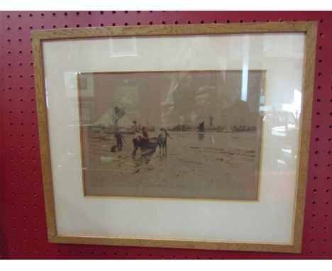 By and after Percy Robertson: 'Yarmouth' A black and white etching of fishermen landing a small boat.  20th Century School: C