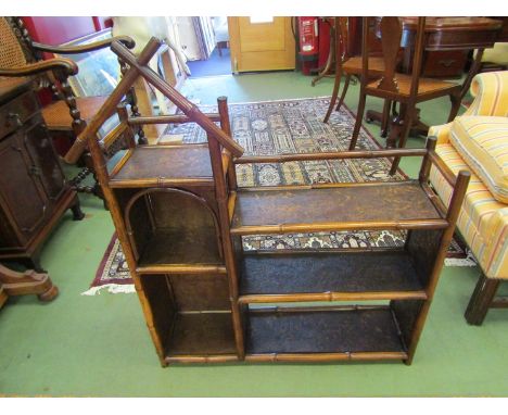A large Victorian ecclesiastical  Arts &amp; Crafts bamboo shelf in the form of a church having decorative brass flat finials