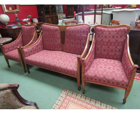 An Edwardian Art Nouveau salon suite comprising sofa and two armchairs with contemporary silk geometric upholstery