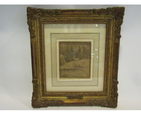 A.MANES: A gilt framed monotone sketch of mountain goats, 9cm x 7.5cm
