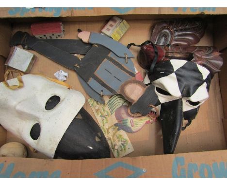 A collection of World folk art including a carved African mask, Amish puppet, painted hanger in shape of a cockerel and a qua