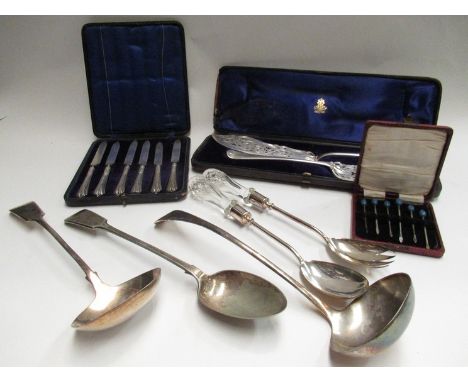 A quantity of cutlery including fish serving set and ladle