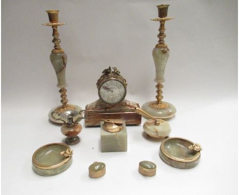 A selection of onyx wares including candlesticks, mantel clock, ashtray etc 