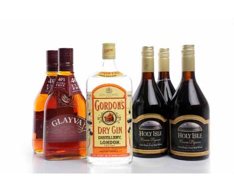 GORDONS DRY GINLondon, England. 1L, 47.3% volumeGLAYVA LIQUEUR (2)Edinburgh, Scotland. 70cl, 35% volume. HOLY ISLE CREAM LIQU