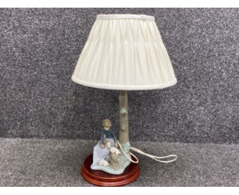 Nao by Lladro table lamp on wooden stand with figured base “ girl with rabbits “ with original shade