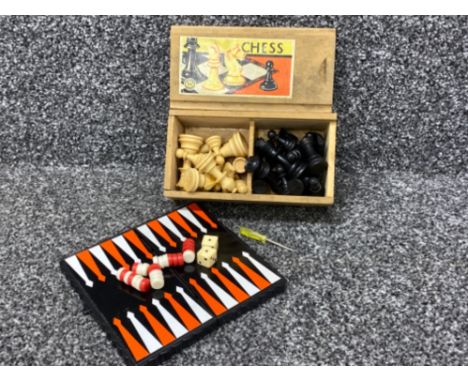 Vintage wooden box containing hand carved chess pieces, also includes a travel backgammon set