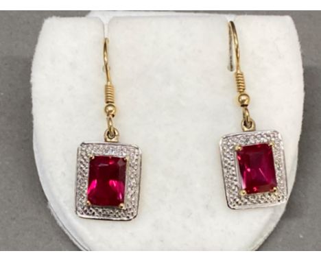 Created Ruby &amp; diamond drop silver gilt earrings