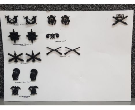 Selection of Military army rank badges, 16 in total, including Artillery, Infantry, judge advocate etc