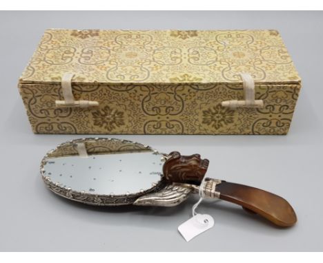 A chinese mutton fat jade handled silver plated hand mirror, boxed