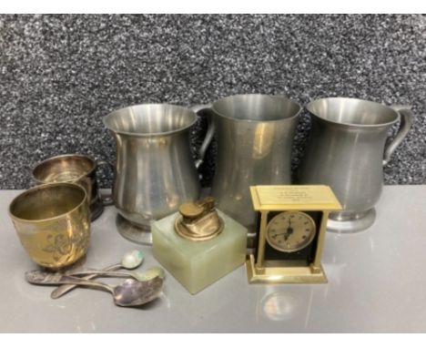 Three tankards, onyx table lighter, silver plated items