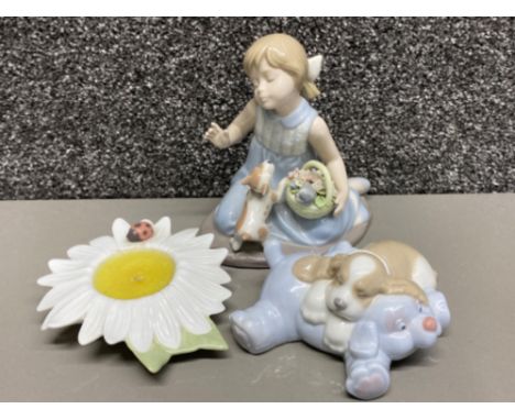 2x Nao by Lladro ornaments ladybird candlestick and sleeping puppy, also includes a Nadal girl with puppy figure