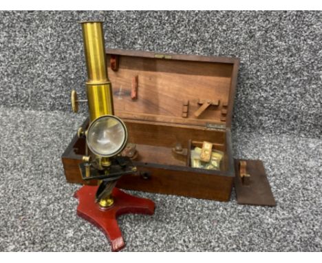 Vintage brass microscope with original mahogany storage box &amp; specimen slides