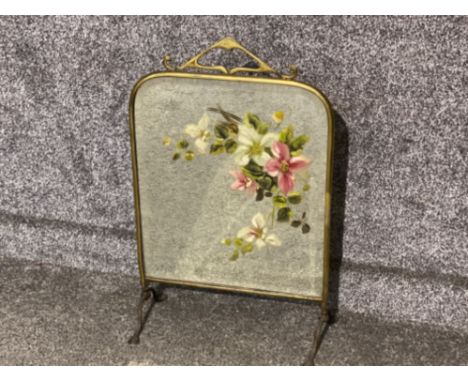 Vintage brass framed fire screen with hand painted mirrored front (flowers)