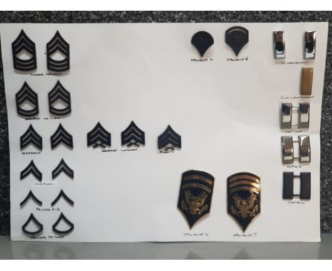 Selection of Military army rank badges, 25 in total including Master Sergeant, Captain, Specialist 6 &amp; 7 etc