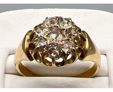 Ladies 18ct gold diamond cluster ring. Comprising of 8 rose cut diamonds set in claw settings approx 1.8cts size T 6.5g