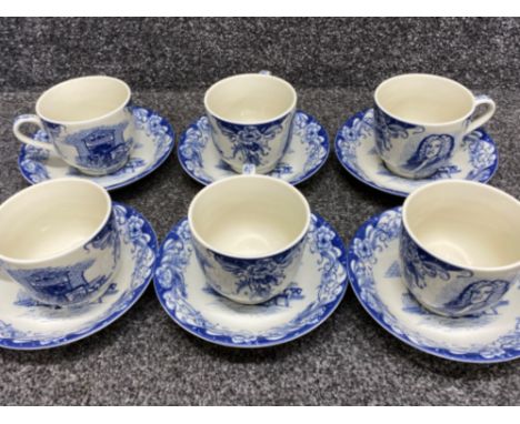 Set of 6 blue and white breakfast cups &amp; saucers by Twining's of London