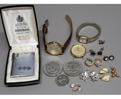 Vintage Ronson lighter with original box together with watches, costume earrings &amp; commemorative coins