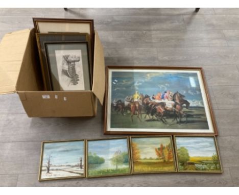 Various pictures to include a colour print after Sir Alfred Munnings, four oil landscapes etc