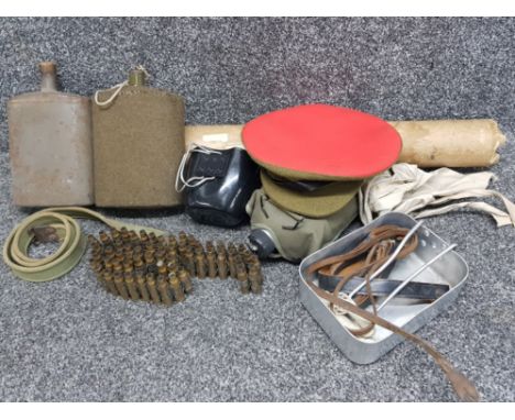 Box containing military related items including Machine gun belt, Canteens, rifle sling, nautical charts (with tube) &amp; ar