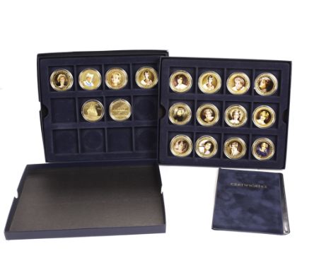 A collection of gold plated and enamel coins, celebration the life of the late Princess Diana and capturing her likeness in t