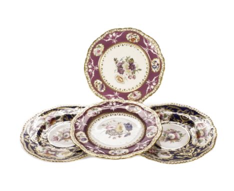 Two pairs of 19th century porcelain cabinet plates, comprising a Coalport example with floral design, with gilt ground, and a