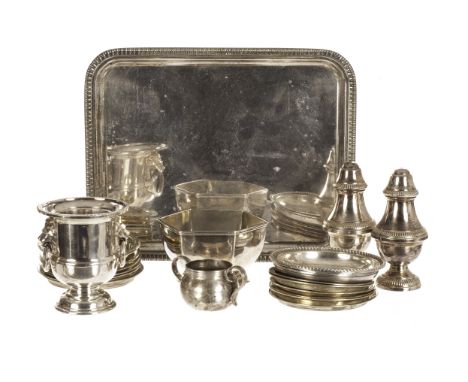 A collection of silver and silver plated items, including a George V silver sugar basin, a continental pin dish, a George V m