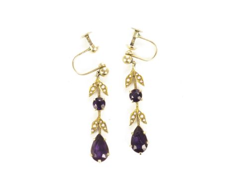 A pair of Victorian amethyst and pearl drop earrings, modelled as floral sprays 5g