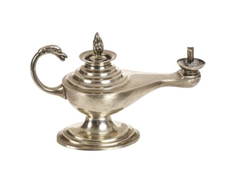 A George VI silver table lighter, in the form of a Roman oil lamp, dated Birmingham 1950