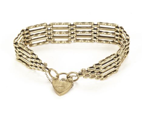 A 9ct gold gate link bracelet, with heart shaped padlock clasp, approx. 18.5g