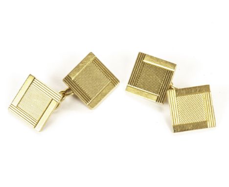 A pair of 18ct gold cufflinks, having square engine turned panels united by chains, hallmarked, approx 10.7g (2)