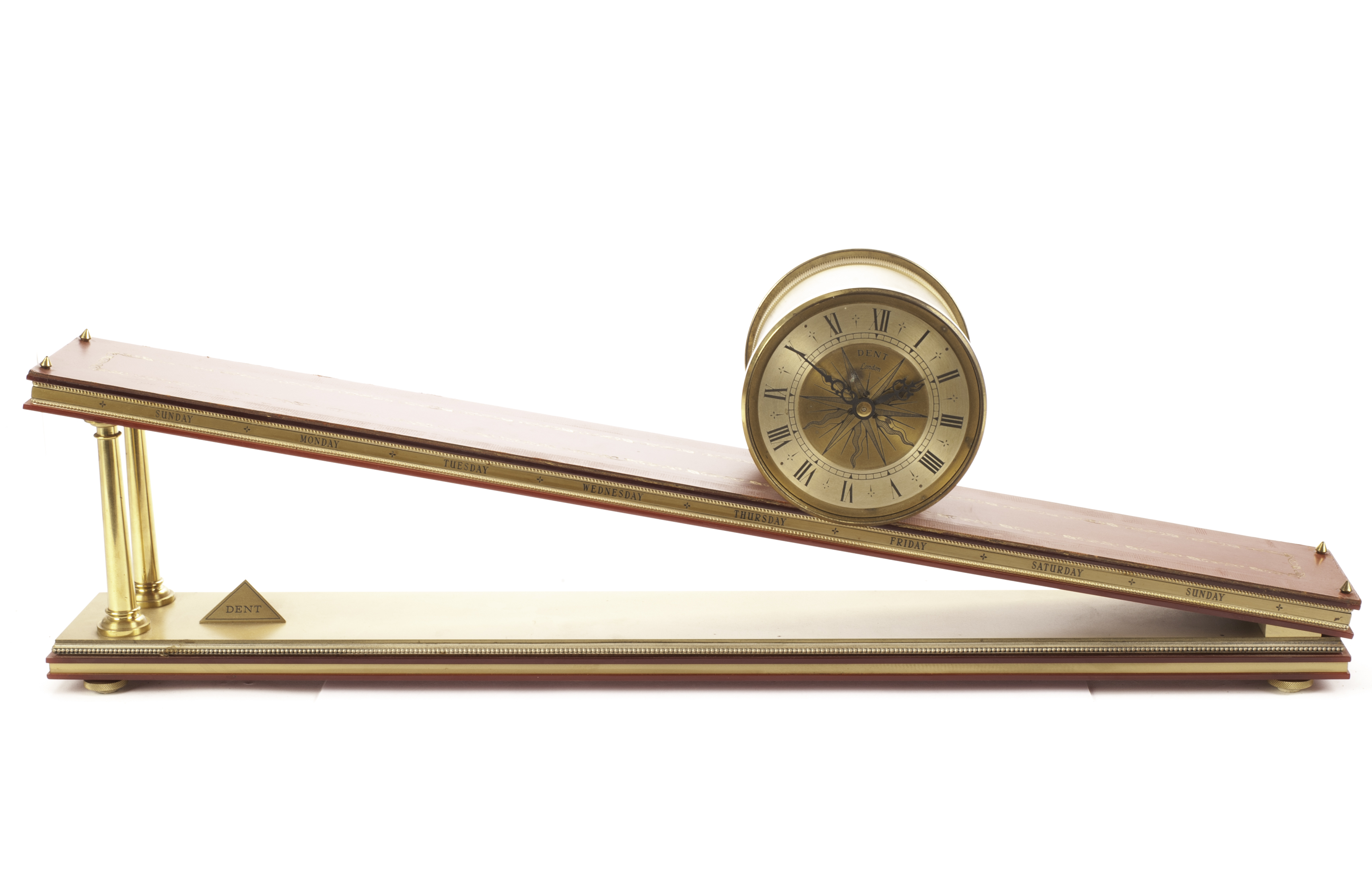 A Dent of London incline gravity clock, the compass engraved brass
