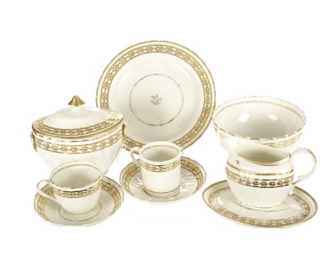 A Regency period British porcelain part tea and coffee service, having gilt banded decoration and comprising a covered sugar 