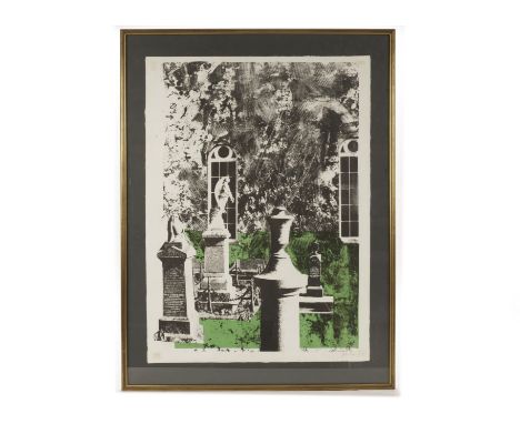 After John Piper (1903-1992), limited edition lithograph no. 12/75 ‘Dylwyn Church’ 1966, showing the cemetary with rough text