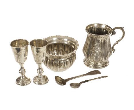 A Victorian silver Christening cup and five other silver items, including a sugar basin marked Chester, a pair of Kiddish cup